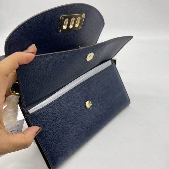 Michael Kors Karson Wallet Clutch Crossbody Navy Leather 35T8GKRC7L NWT Org $248 - Picture 7 of 9